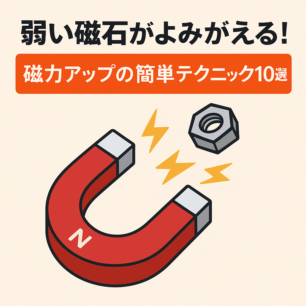 赤いU字型磁石が金属ナットを引き寄せるイラストと「弱い磁石がよみがえる！磁力アップの簡単テクニック10選」という日本語タイトルが描かれたブログ用アイキャッチ画像 